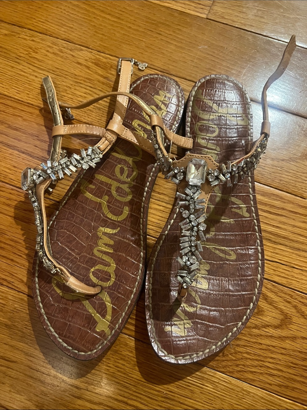Sam Edelman Tan Jeweled T-Strap Sandals